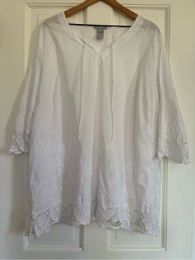 Catherines Womens White Top Floral Lace Embroidered V-Neck Boho Peasant 2X